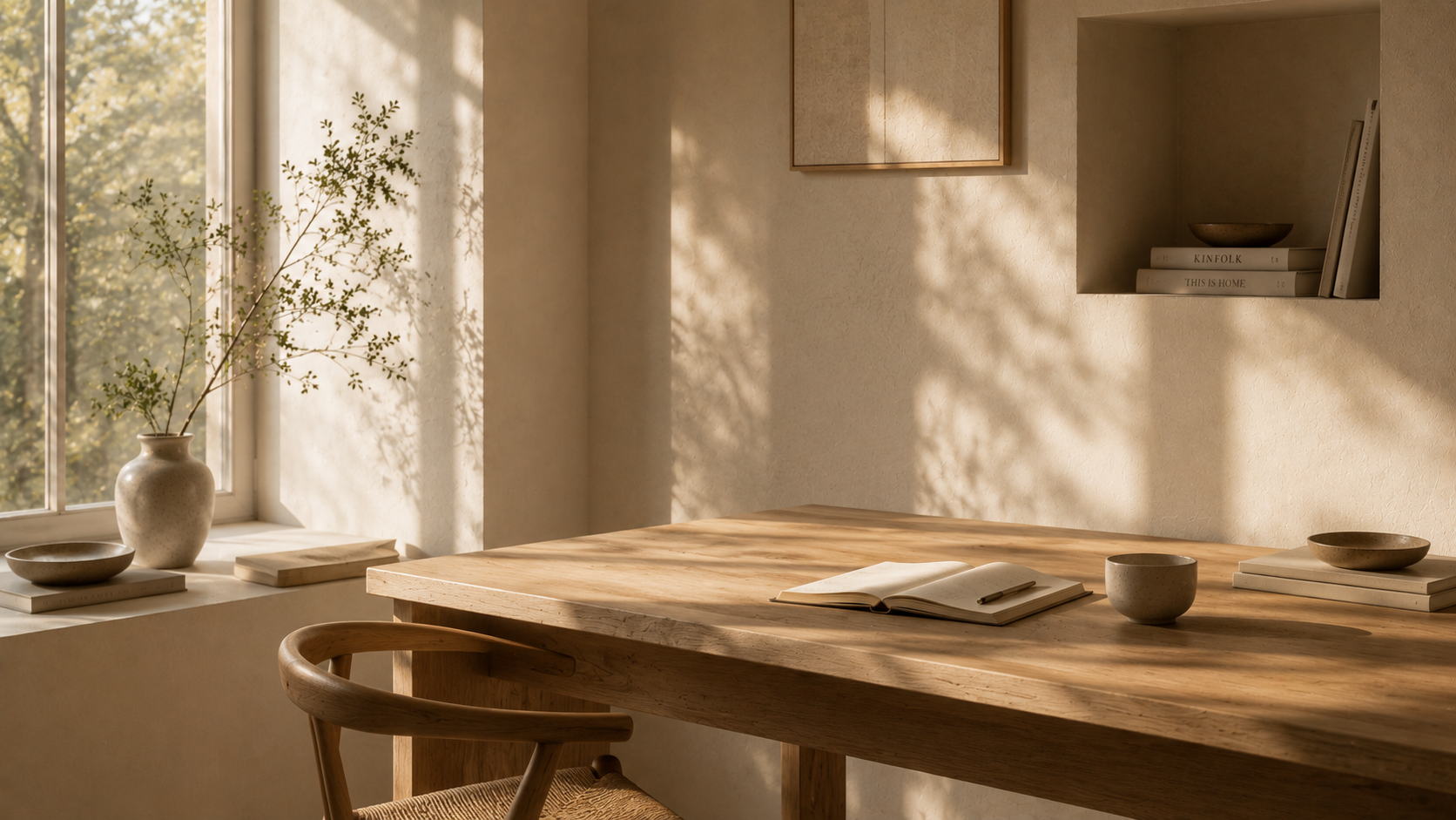 Sunlit wooden desk with open journal, ceramic cup, and a quiet corner of the studio