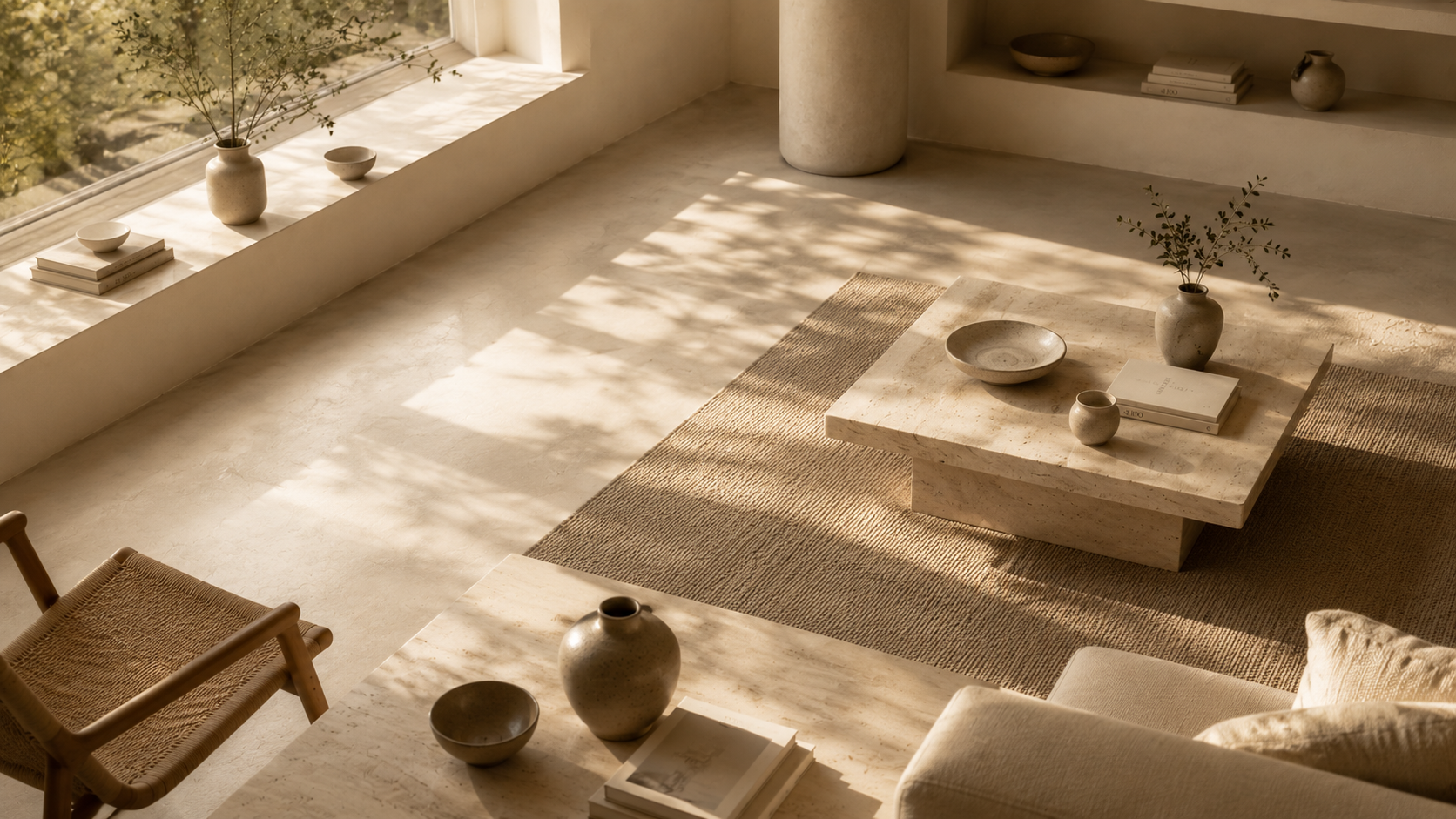 Sunlit minimalist living room with travertine table, jute rug, ceramics, and olive branches