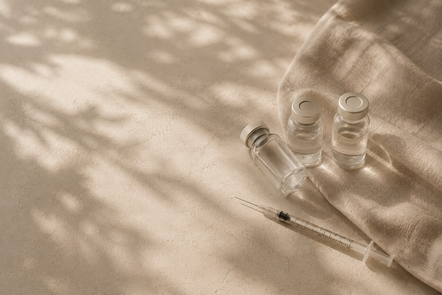Peptide vials and a syringe arranged on soft linen in dappled natural light.